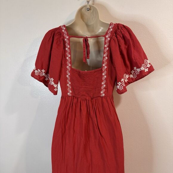 Old Navy Shirt Dress S Midi Smocked Embroidered Prairie Milkmaid Red White Boho - Picture 7 of 12